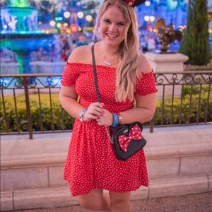 Off the shoulder stretchy red polka dot dress